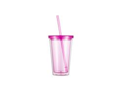 Vaso Plástico Doble Capa 24OZ/700ml con Tapa y Pajita (Fúcsia)