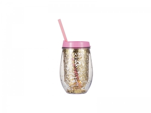 10oz/300ml Double Wall Clear Plastic Stemless Cup (Light Pink, w/ Gold Glitters)