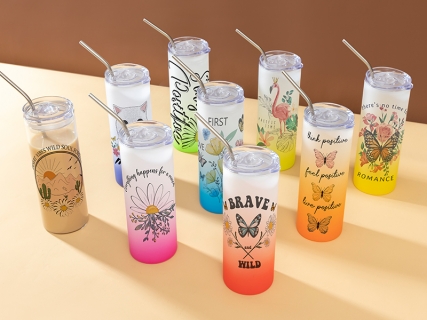 Sublimation Blanks 25oz/750ml Glass Skinny Tumbler with Plastic Straw&amp;Lid(Frosted)