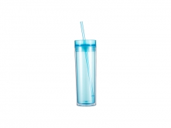 16oz/473ml Double Wall Clear Plastic Skinny Tumbler with Straw &amp; Lid (Light Blue)