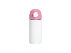 12oz/360ml White Sublimation Kids Stainless Steel Water Bottle with Plastic Straw &amp; Pink Cap